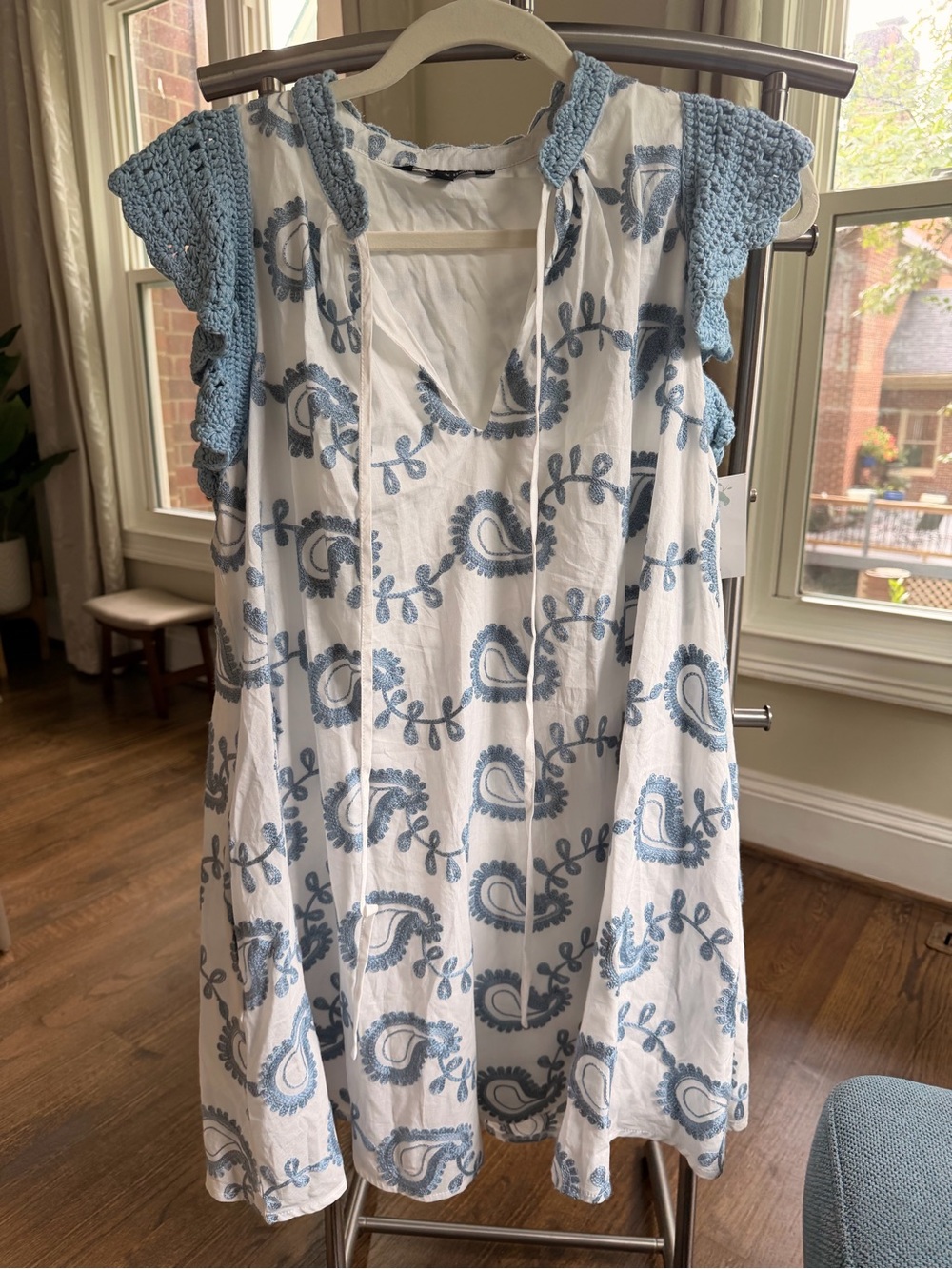 White Mini Dress with Blue Paisley Print and Crochet Cap Sleeves